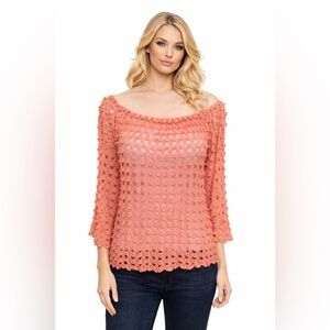 Women’s Emma Rose 3/4 Sleeve Peach Crochet Blouse Top PTP 20” Missing Size